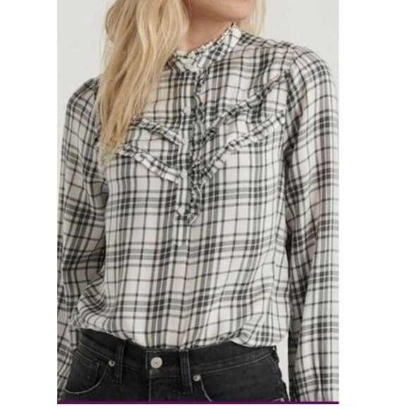 LUCKY BRAND Women's black white check‎ Long Sleeve Blouse Sz M prairie western - Picture 2 of 7